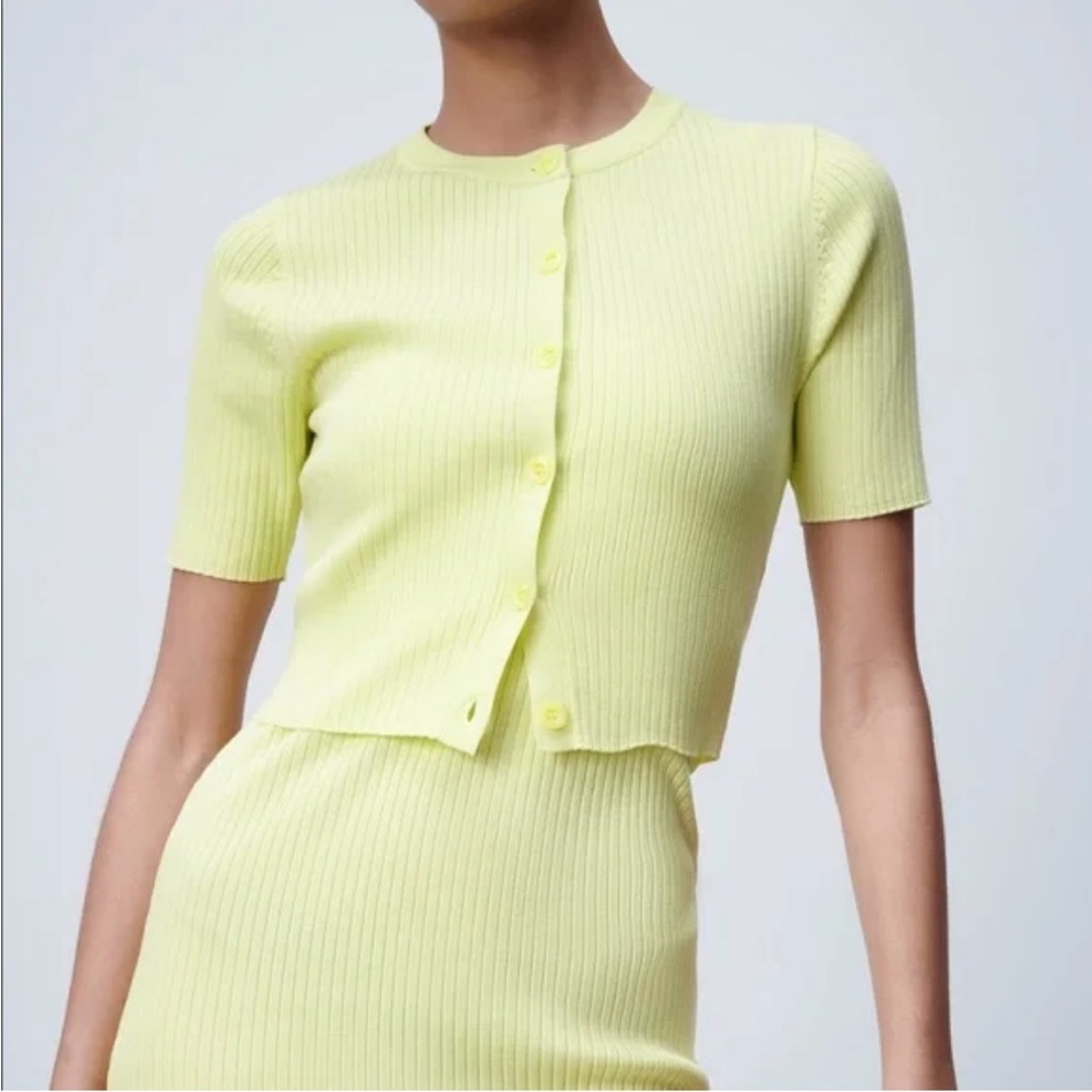 Zara Women Yellow Green Ribbed Knit Dress w/ Crop Button Down Top Cardigan Small - Picture 3 of 17